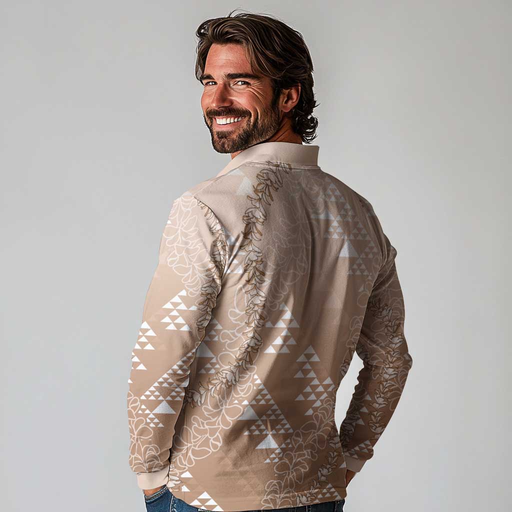 Hawaii Beige Kapa Long Sleeve Polo Shirt Vintage 'Ohe Kāpala Motifs Mix Plumeria Leis LT7 - Polynesian Pride