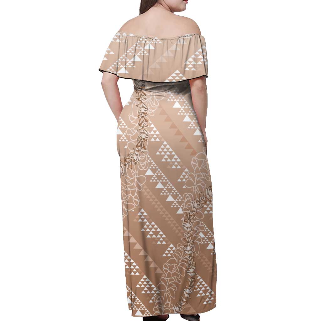 Hawaii Beige Kapa Off Shoulder Maxi Dress Vintage 'Ohe Kāpala Motifs Mix Plumeria Leis LT7 - Polynesian Pride