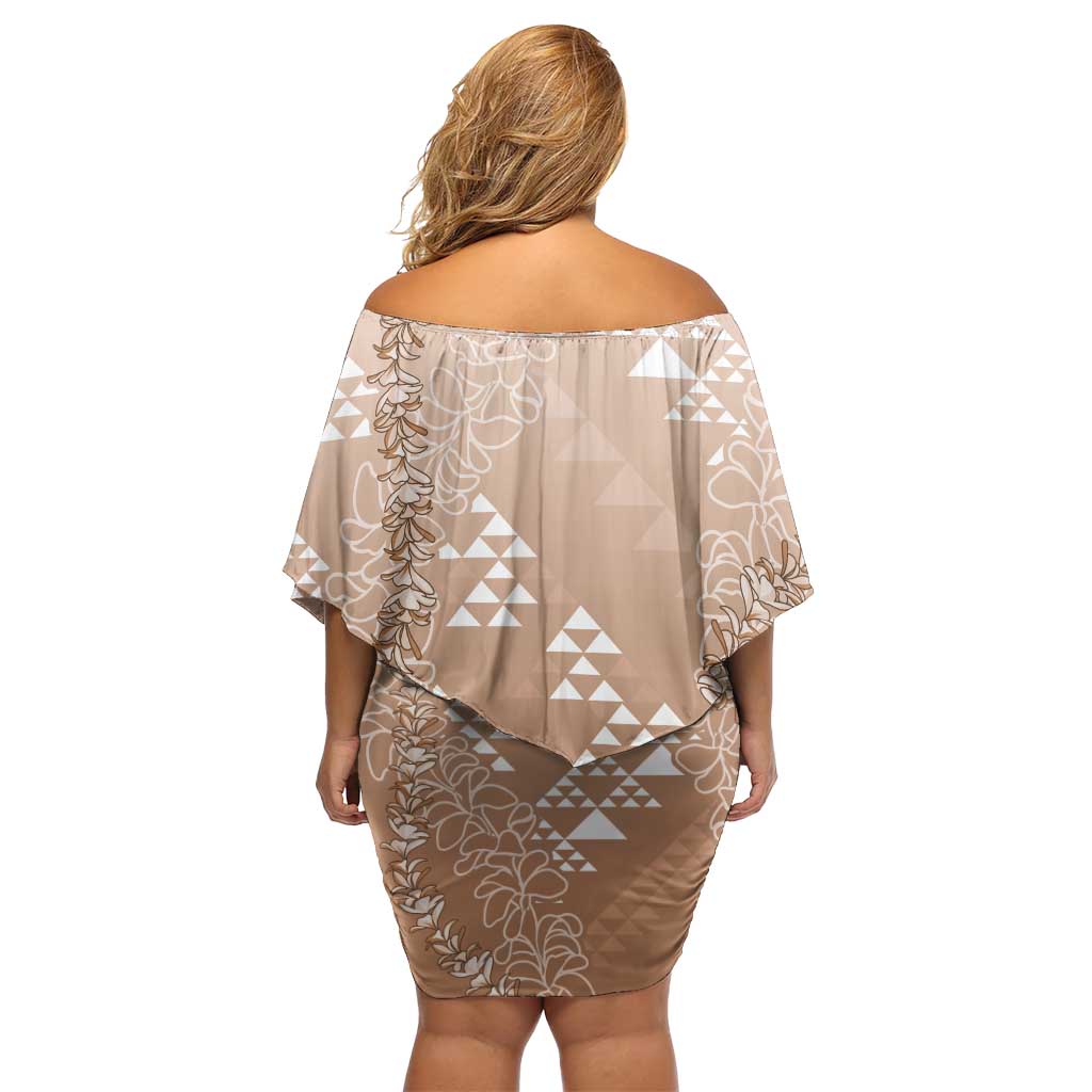Hawaii Beige Kapa Off Shoulder Short Dress Vintage 'Ohe Kāpala Motifs Mix Plumeria Leis LT7 - Polynesian Pride