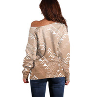 Hawaii Beige Kapa Off Shoulder Sweater Vintage 'Ohe Kāpala Motifs Mix Plumeria Leis