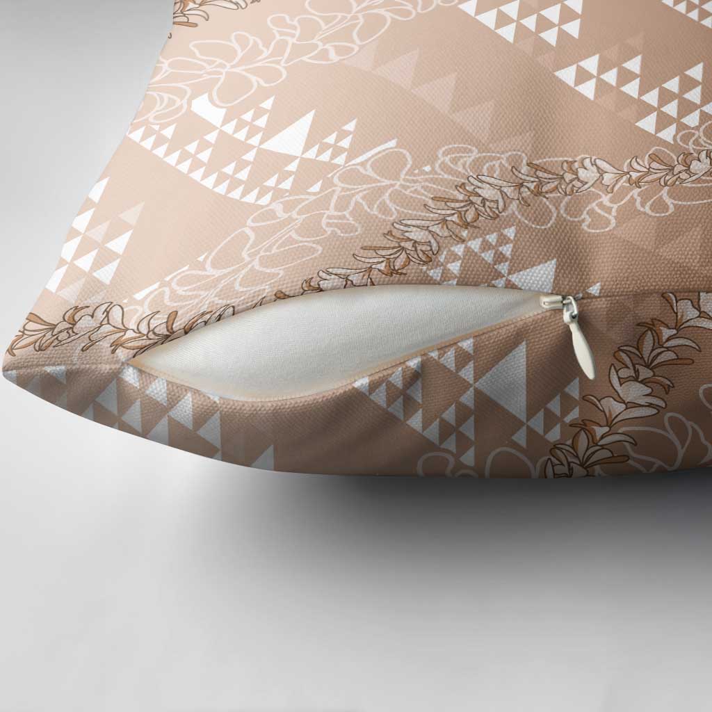 Hawaii Beige Kapa Pillow Cover Vintage 'Ohe Kāpala Motifs Mix Plumeria Leis