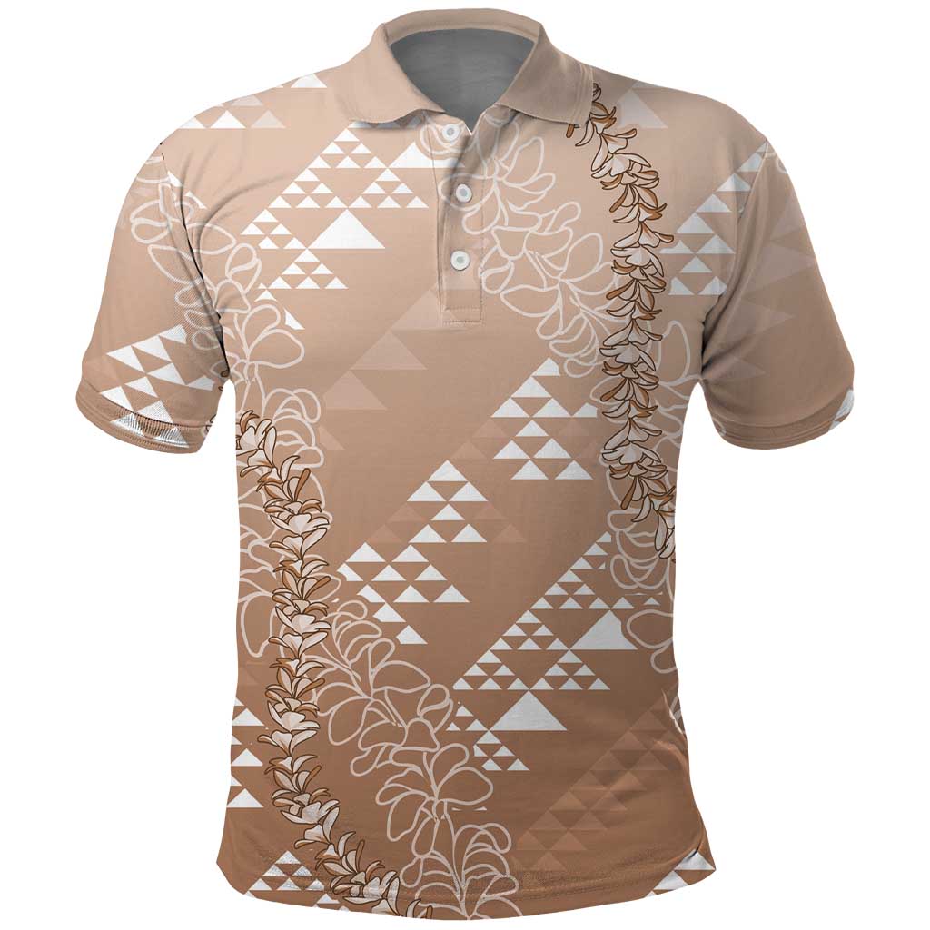 Hawaii Beige Kapa Polo Shirt Vintage 'Ohe Kāpala Motifs Mix Plumeria Leis LT7 Beige - Polynesian Pride