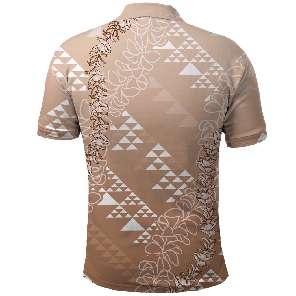 Hawaii Beige Kapa Polo Shirt Vintage 'Ohe Kāpala Motifs Mix Plumeria Leis LT7 - Polynesian Pride