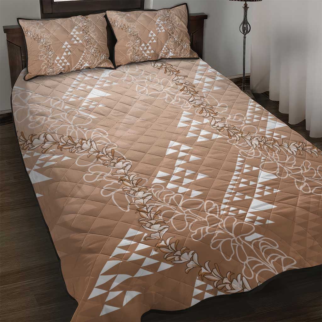 Hawaii Beige Kapa Quilt Bed Set Vintage 'Ohe Kāpala Motifs Mix Plumeria Leis