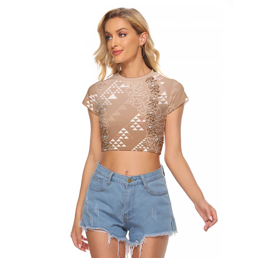 Hawaii Beige Kapa Raglan Cropped T Shirt Vintage 'Ohe Kāpala Motifs Mix Plumeria Leis LT7 Female Beige - Polynesian Pride