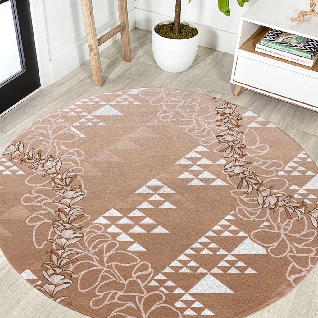 Hawaii Beige Kapa Round Carpet Vintage 'Ohe Kāpala Motifs Mix Plumeria Leis