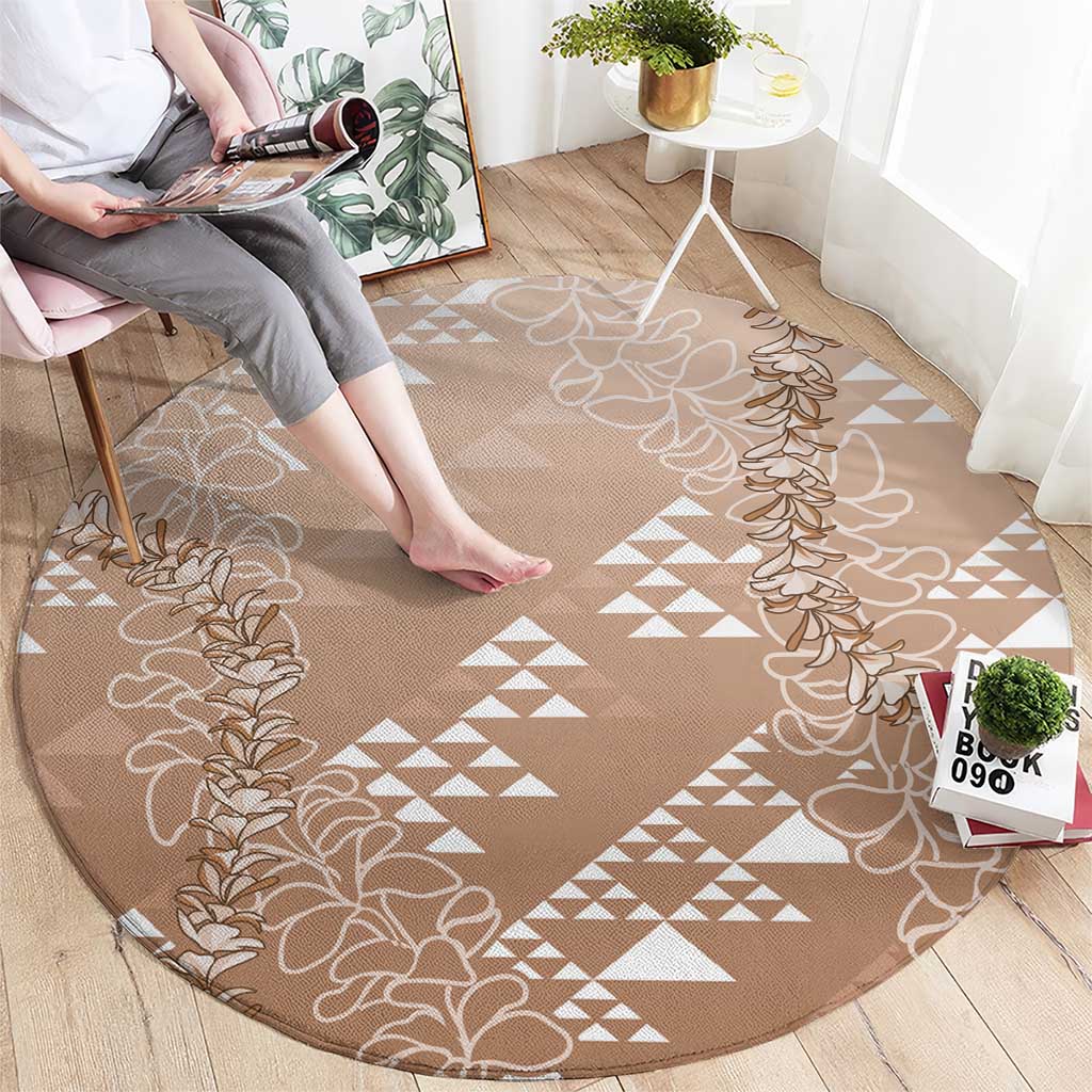 Hawaii Beige Kapa Round Carpet Vintage 'Ohe Kāpala Motifs Mix Plumeria Leis