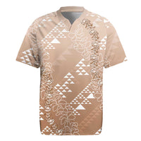 Hawaii Beige Kapa Rugby Jersey Vintage 'Ohe Kāpala Motifs Mix Plumeria Leis