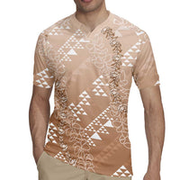 Hawaii Beige Kapa Rugby Jersey Vintage 'Ohe Kāpala Motifs Mix Plumeria Leis