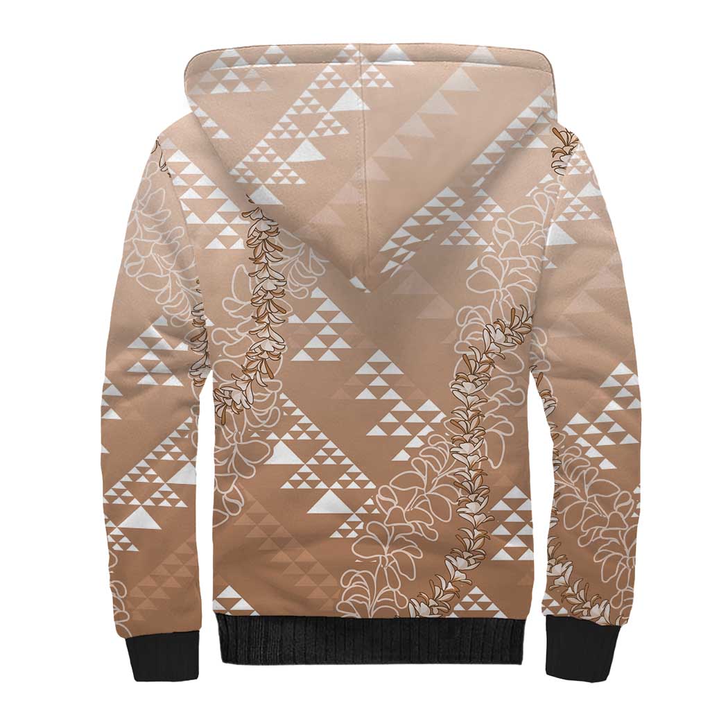 Hawaii Beige Kapa Sherpa Hoodie Vintage 'Ohe Kāpala Motifs Mix Plumeria Leis LT7 - Polynesian Pride