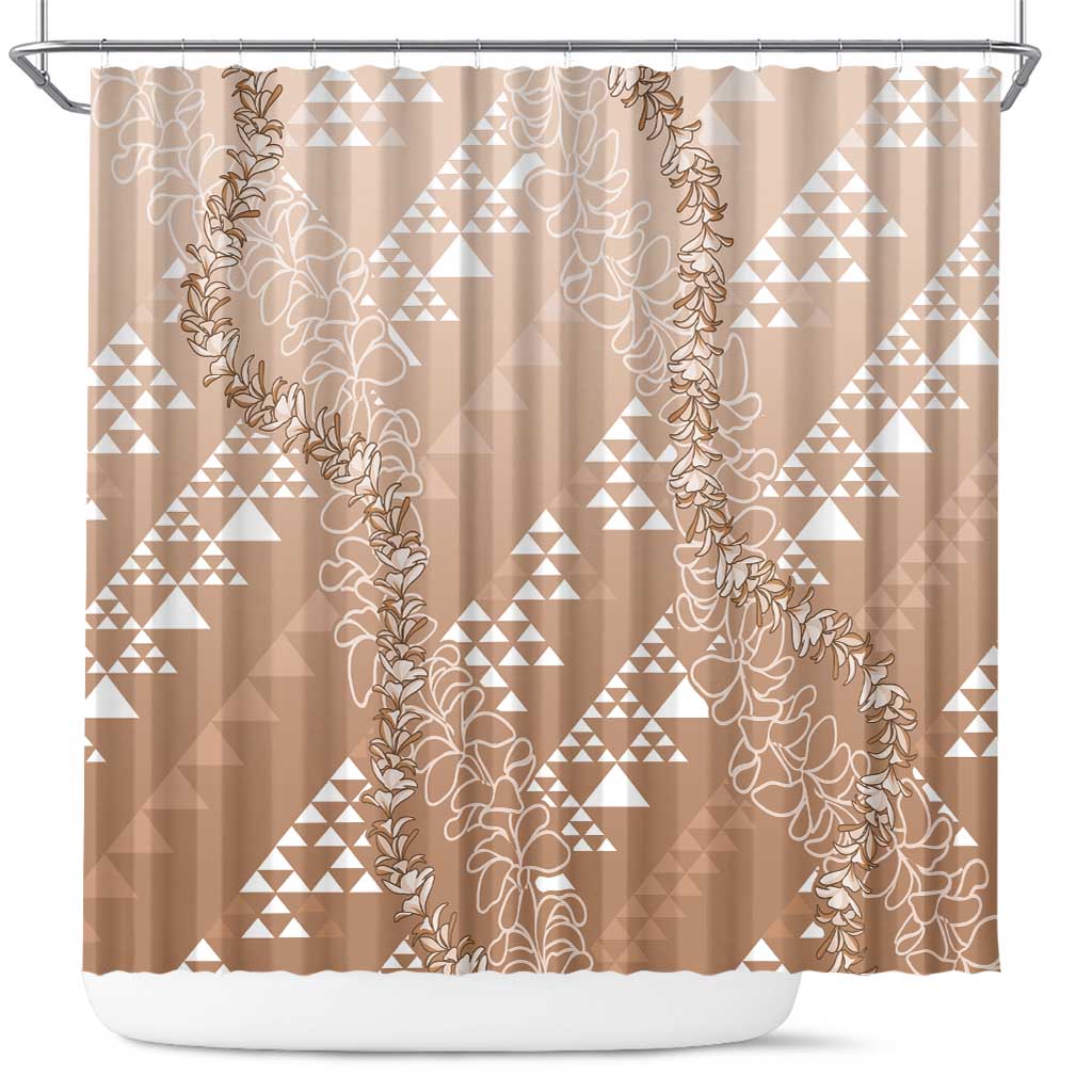 Hawaii Beige Kapa Shower Curtain Vintage 'Ohe Kāpala Motifs Mix Plumeria Leis