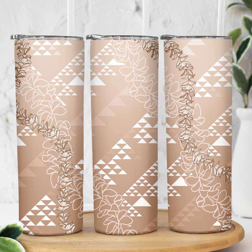 Hawaii Beige Kapa Skinny Tumbler Vintage 'Ohe Kāpala Motifs Mix Plumeria Leis LT7 - Polynesian Pride