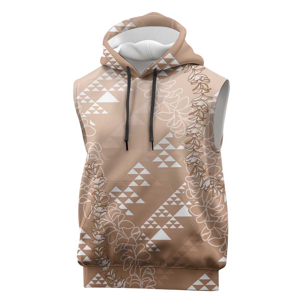 Hawaii Beige Kapa Sleeveless Hoodie Vintage 'Ohe Kāpala Motifs Mix Plumeria Leis LT7 Beige - Polynesian Pride