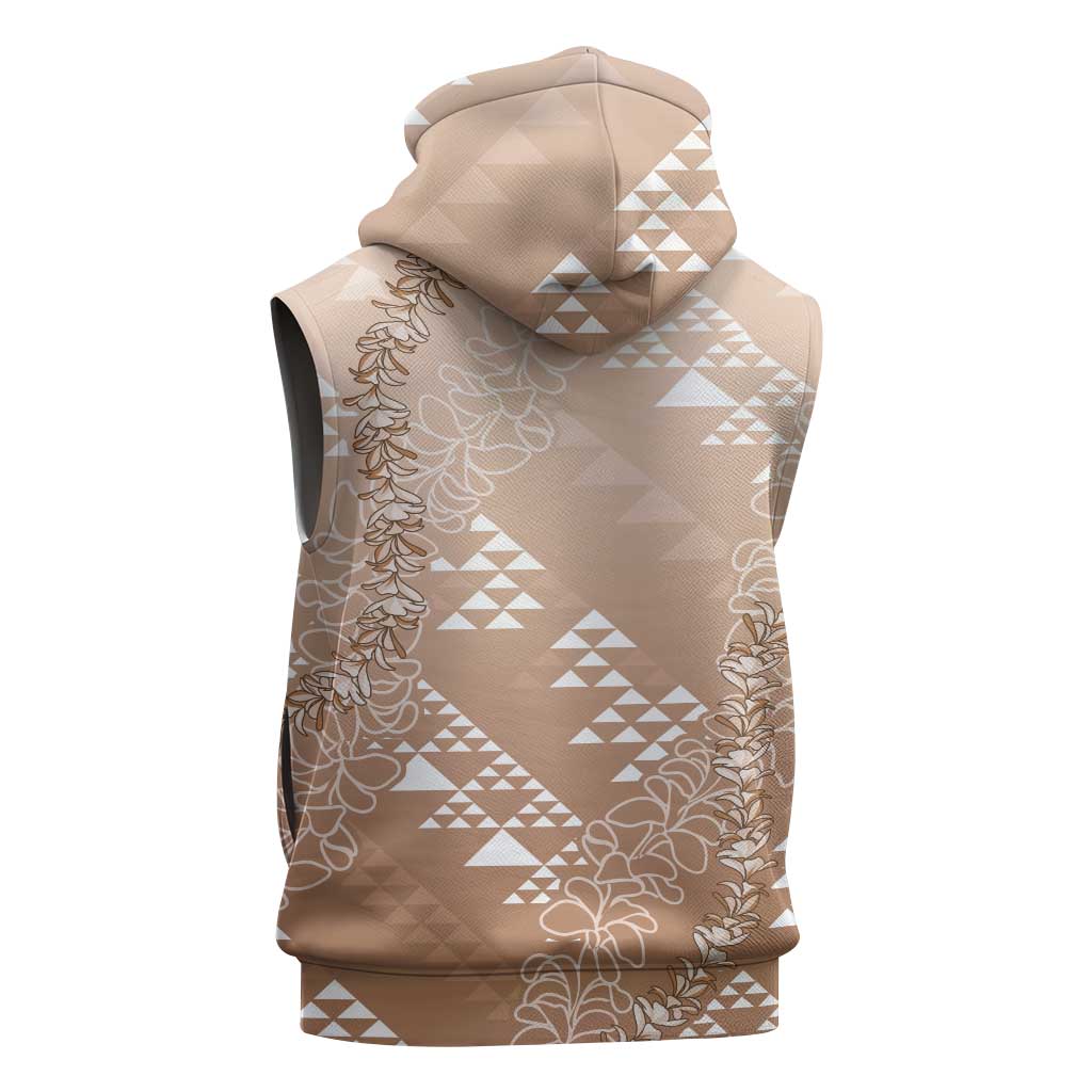 Hawaii Beige Kapa Sleeveless Hoodie Vintage 'Ohe Kāpala Motifs Mix Plumeria Leis LT7 - Polynesian Pride