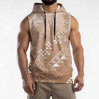Hawaii Beige Kapa Sleeveless Hoodie Vintage 'Ohe Kāpala Motifs Mix Plumeria Leis LT7 - Polynesian Pride