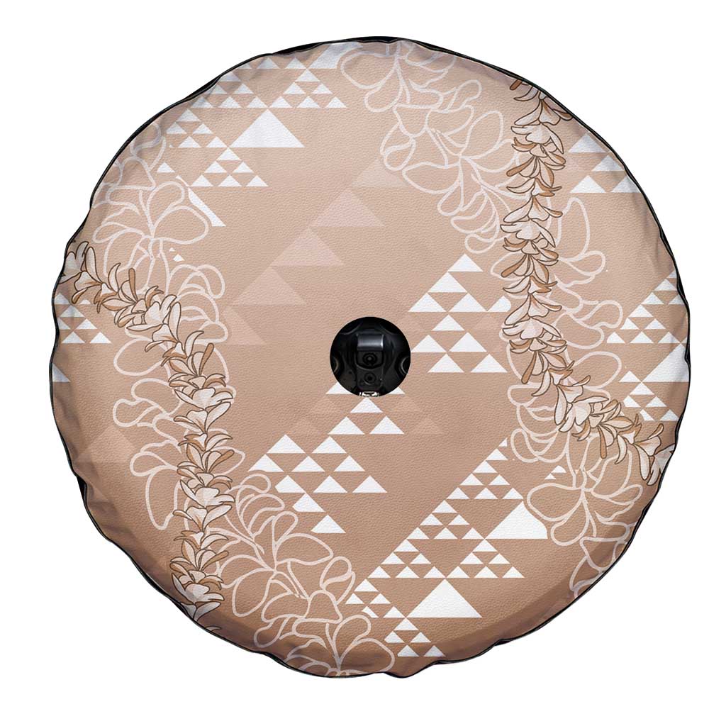Hawaii Beige Kapa Spare Tire Cover Vintage 'Ohe Kāpala Motifs Mix Plumeria Leis LT7 - Polynesian Pride