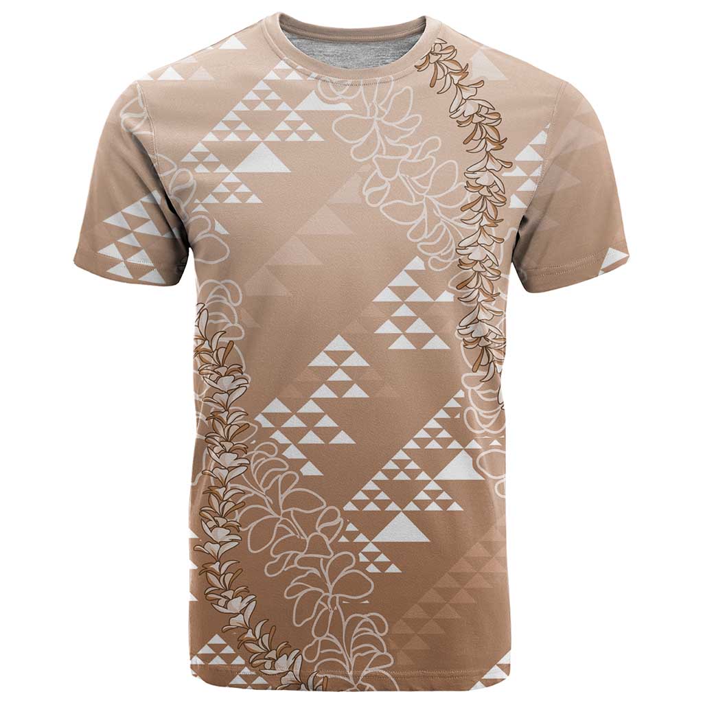 Hawaii Beige Kapa T Shirt Vintage 'Ohe Kāpala Motifs Mix Plumeria Leis LT7 Beige - Polynesian Pride