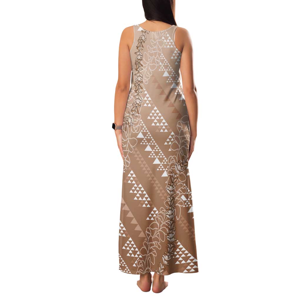 Hawaii Beige Kapa Tank Maxi Dress Vintage 'Ohe Kāpala Motifs Mix Plumeria Leis LT7 - Polynesian Pride