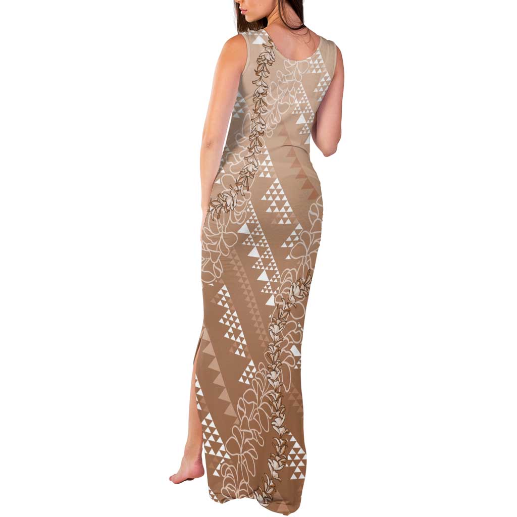 Hawaii Beige Kapa Tank Maxi Dress Vintage 'Ohe Kāpala Motifs Mix Plumeria Leis LT7 - Polynesian Pride