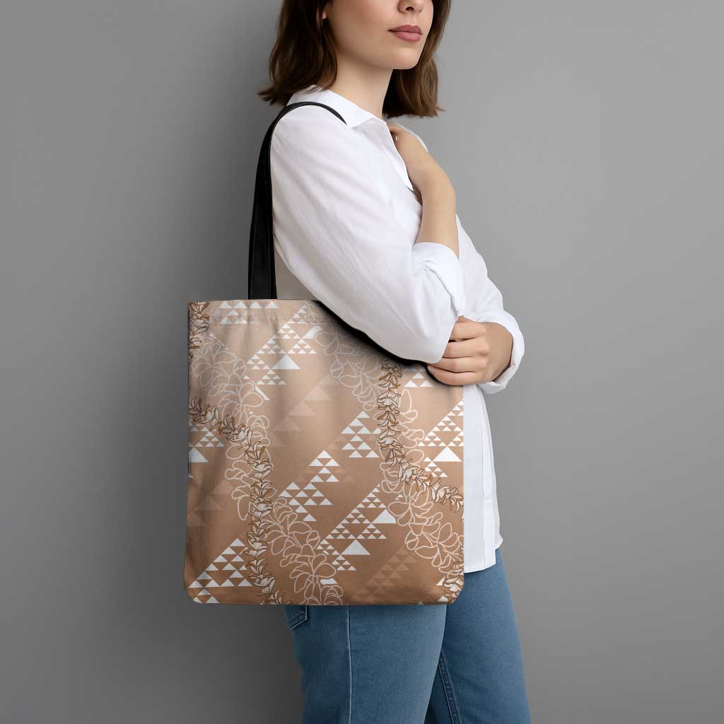 Hawaii Beige Kapa Tote Bag Vintage 'Ohe Kāpala Motifs Mix Plumeria Leis LT7 - Polynesian Pride