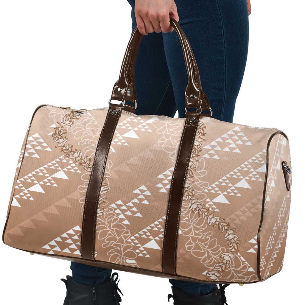 Hawaii Beige Kapa Travel Bag Vintage 'Ohe Kāpala Motifs Mix Plumeria Leis LT7 - Polynesian Pride