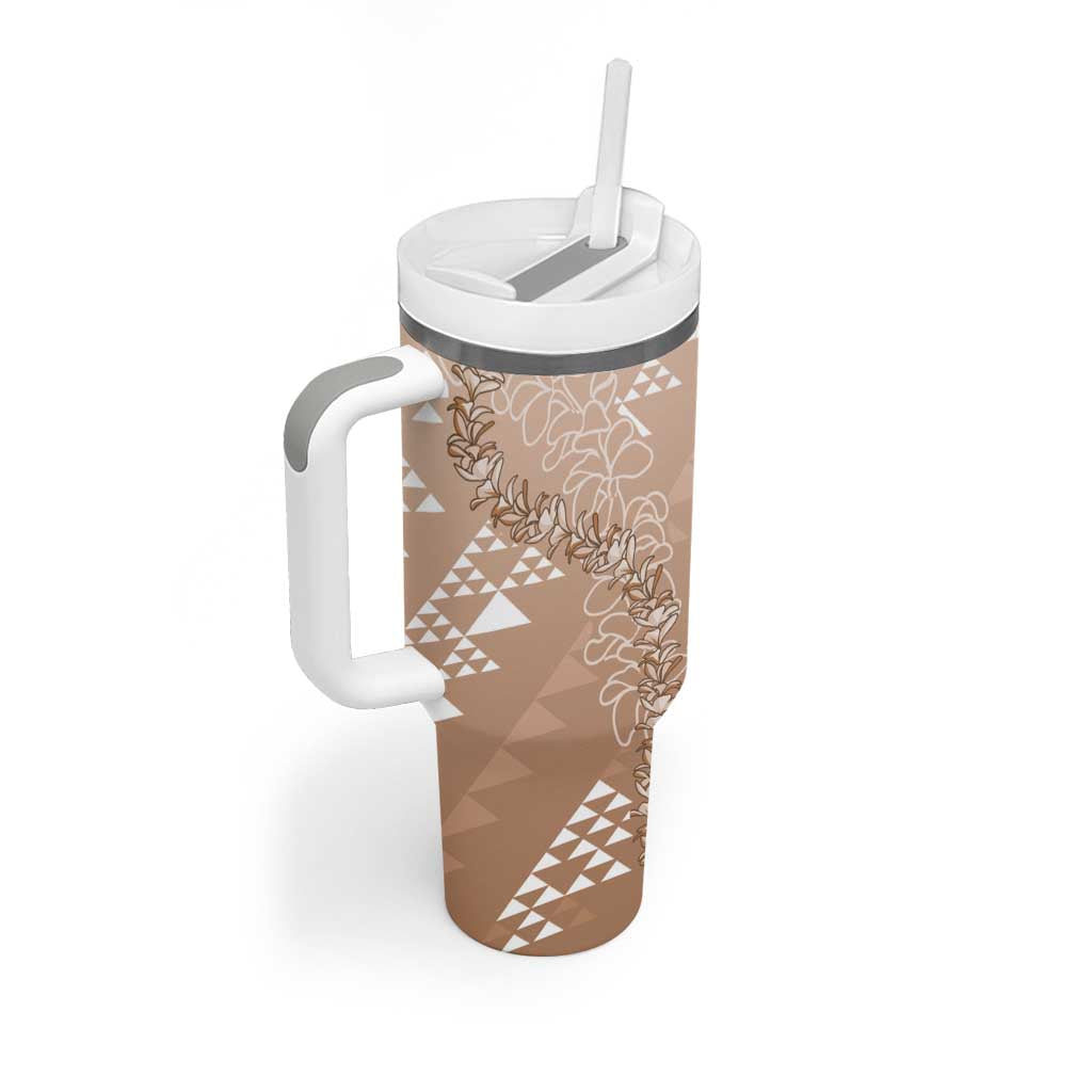 Hawaii Beige Kapa Tumbler With Handle Vintage 'Ohe Kāpala Motifs Mix Plumeria Leis LT7 - Polynesian Pride