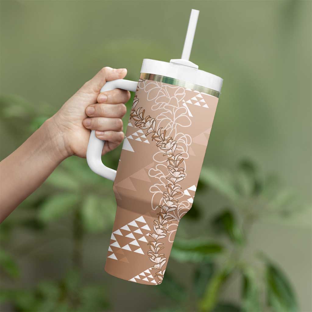 Hawaii Beige Kapa Tumbler With Handle Vintage 'Ohe Kāpala Motifs Mix Plumeria Leis LT7 - Polynesian Pride