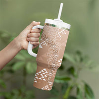 Hawaii Beige Kapa Tumbler With Handle Vintage 'Ohe Kāpala Motifs Mix Plumeria Leis LT7 - Polynesian Pride