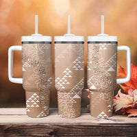 Hawaii Beige Kapa Tumbler With Handle Vintage 'Ohe Kāpala Motifs Mix Plumeria Leis LT7 - Polynesian Pride