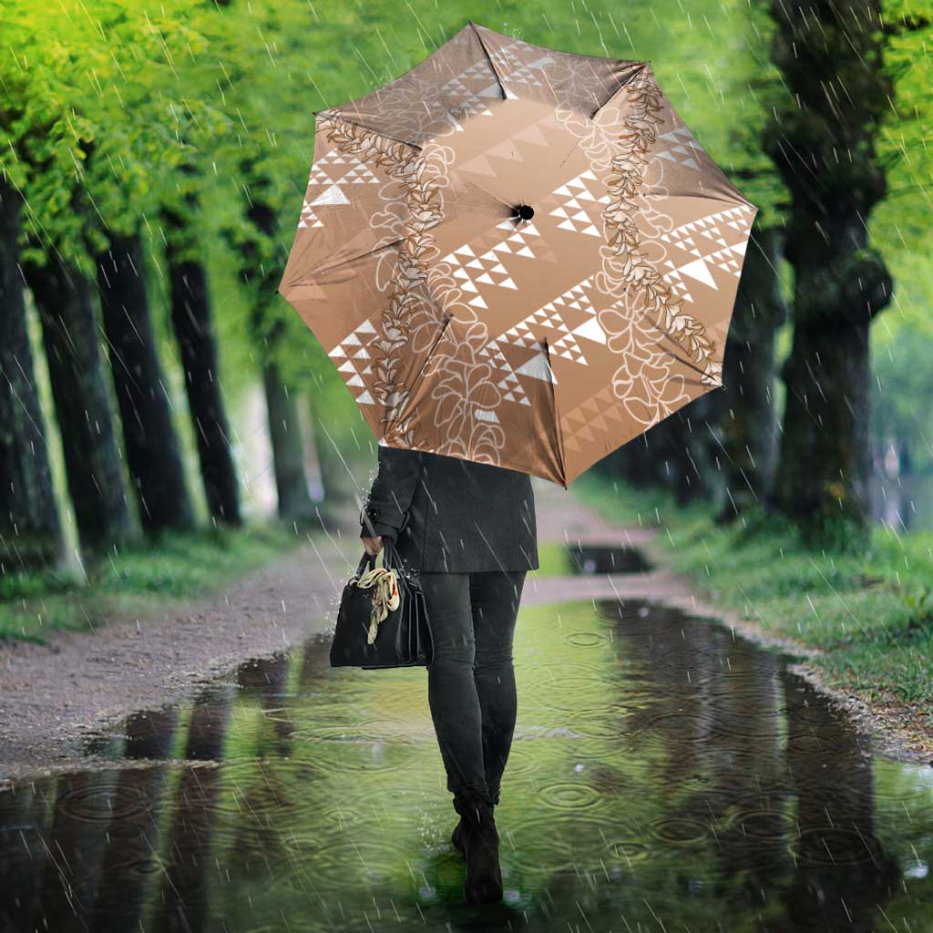 Hawaii Beige Kapa Umbrella Vintage 'Ohe Kāpala Motifs Mix Plumeria Leis