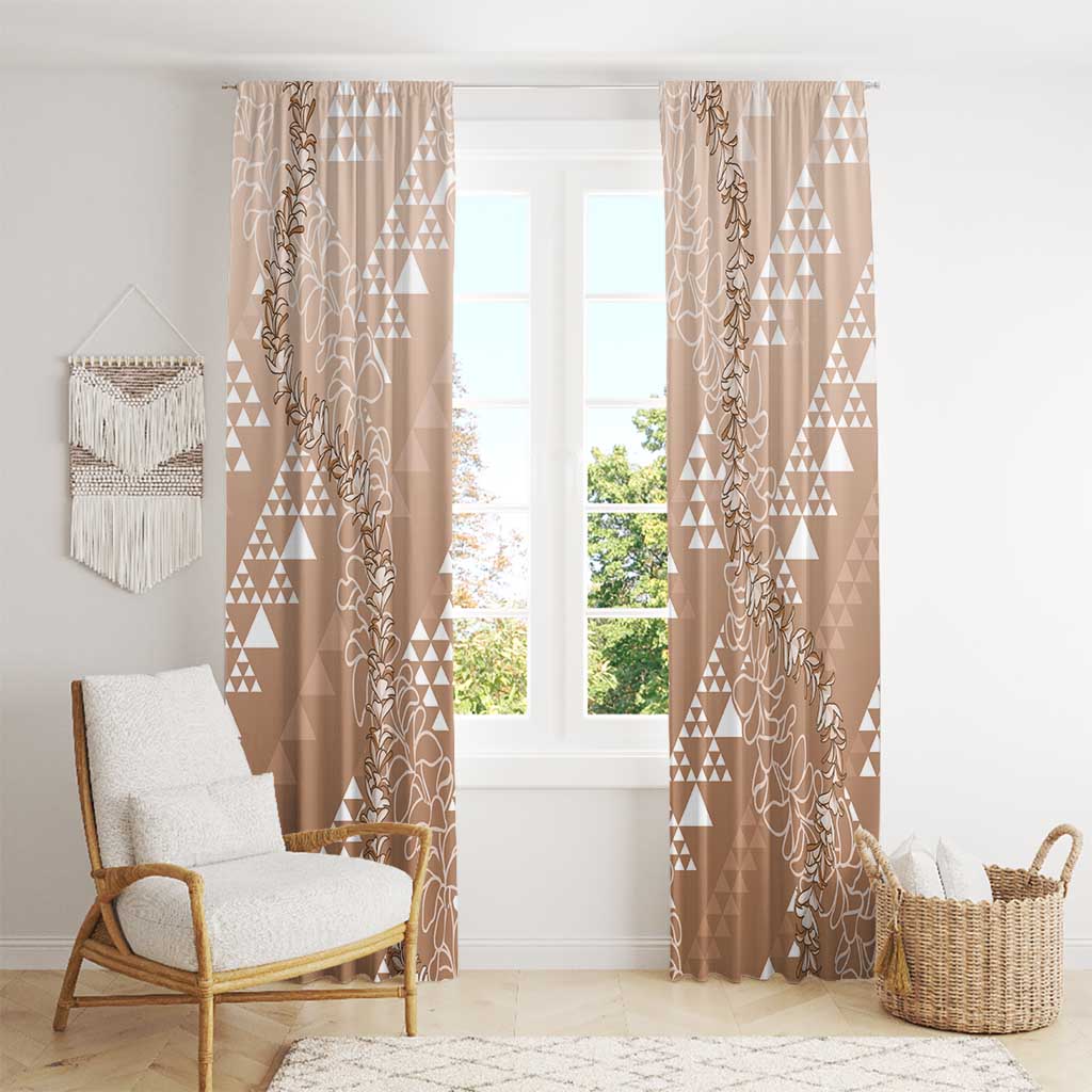 Hawaii Beige Kapa Window Curtain Vintage 'Ohe Kāpala Motifs Mix Plumeria Leis