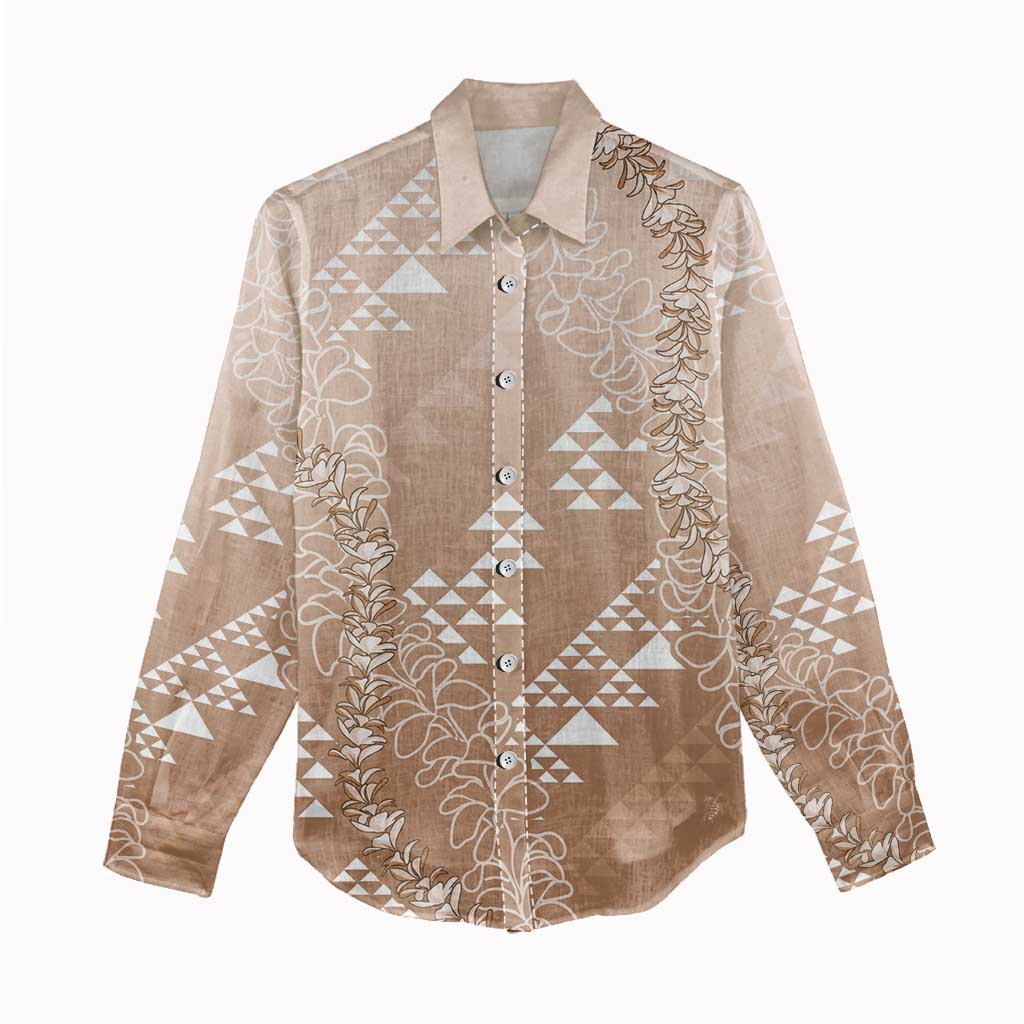 Hawaii Beige Kapa Women Casual Shirt Vintage 'Ohe Kāpala Motifs Mix Plumeria Leis LT7 - Polynesian Pride