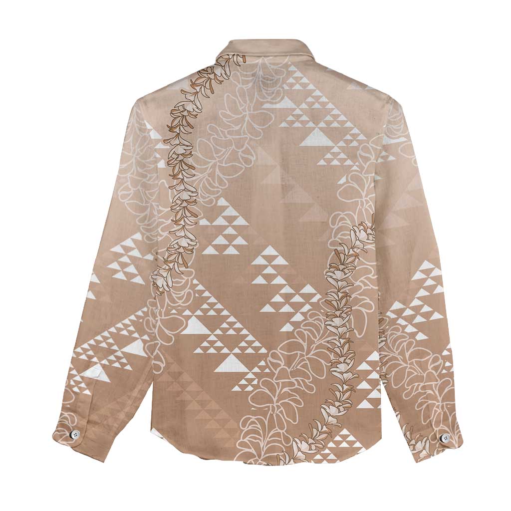 Hawaii Beige Kapa Women Casual Shirt Vintage 'Ohe Kāpala Motifs Mix Plumeria Leis LT7 - Polynesian Pride