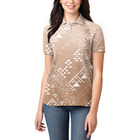 Hawaii Beige Kapa Women Polo Shirt Vintage 'Ohe Kāpala Motifs Mix Plumeria Leis LT7 - Polynesian Pride