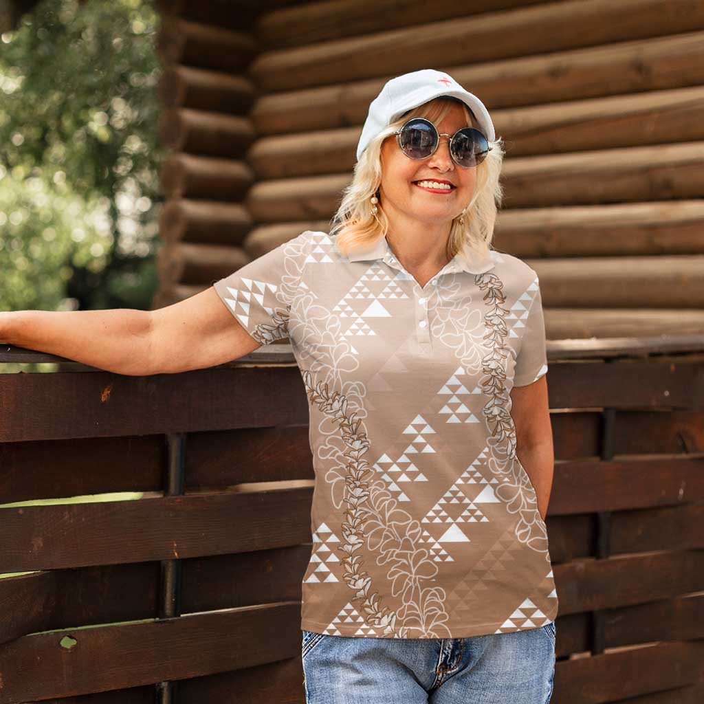Hawaii Beige Kapa Women Polo Shirt Vintage 'Ohe Kāpala Motifs Mix Plumeria Leis LT7 - Polynesian Pride