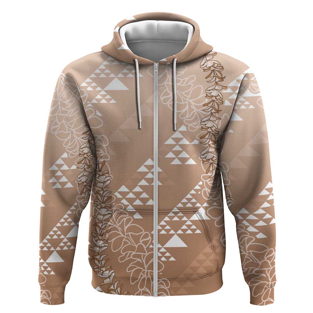 Hawaii Beige Kapa Zip Hoodie Vintage 'Ohe Kāpala Motifs Mix Plumeria Leis LT7 Zip Hoodie Beige - Polynesian Pride