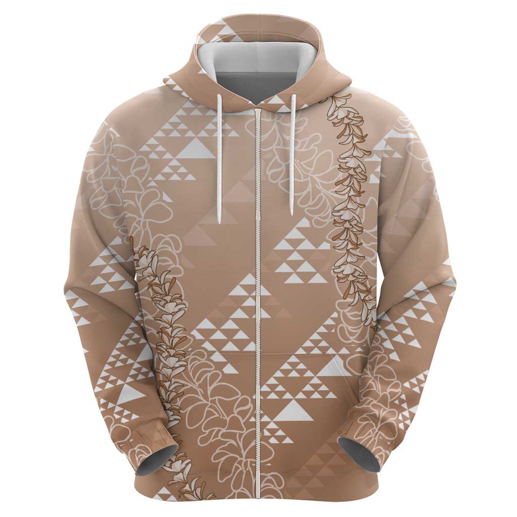 Hawaii Beige Kapa Zip Hoodie Vintage 'Ohe Kāpala Motifs Mix Plumeria Leis LT7 - Polynesian Pride