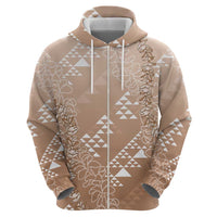 Hawaii Beige Kapa Zip Hoodie Vintage 'Ohe Kāpala Motifs Mix Plumeria Leis LT7 - Polynesian Pride