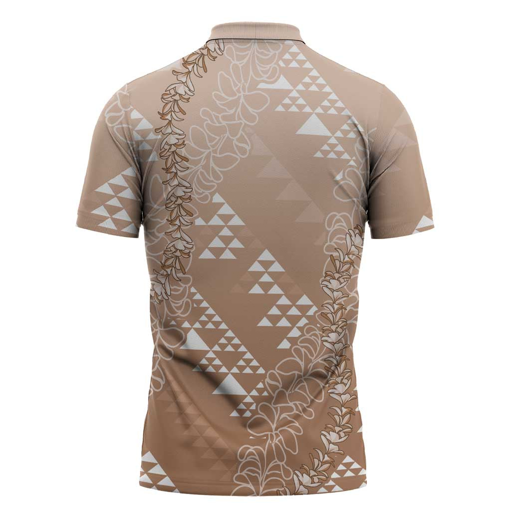 Hawaii Beige Kapa Zipper Polo Shirt Vintage 'Ohe Kāpala Motifs Mix Plumeria Leis LT7 - Polynesian Pride