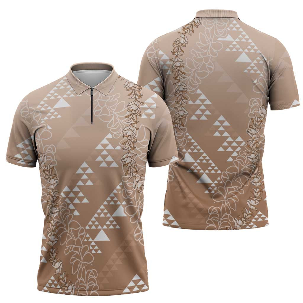 Hawaii Beige Kapa Zipper Polo Shirt Vintage 'Ohe Kāpala Motifs Mix Plumeria Leis LT7 - Polynesian Pride