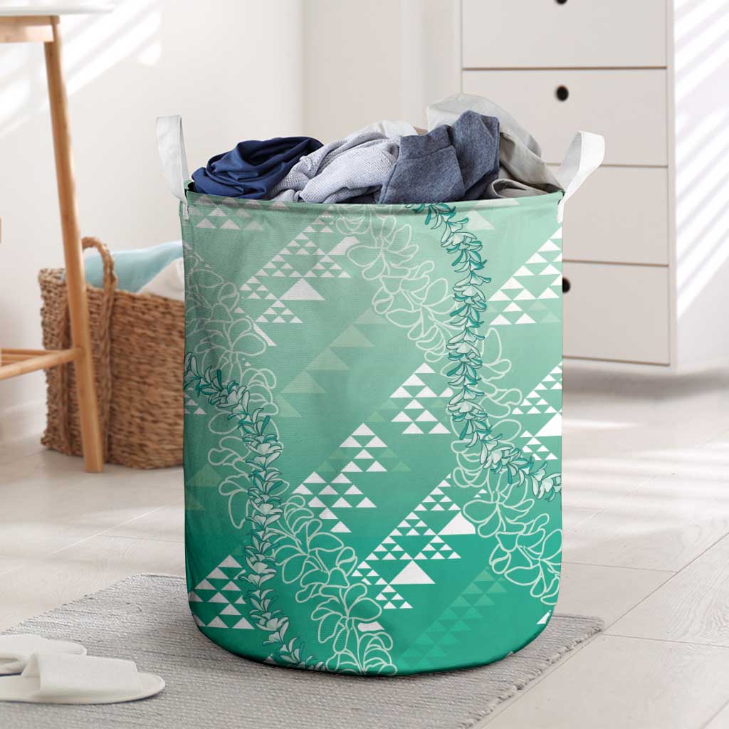 Hawaii Jade Green Kapa Laundry Basket Vintage 'Ohe Kāpala Motifs Mix Plumeria Leis