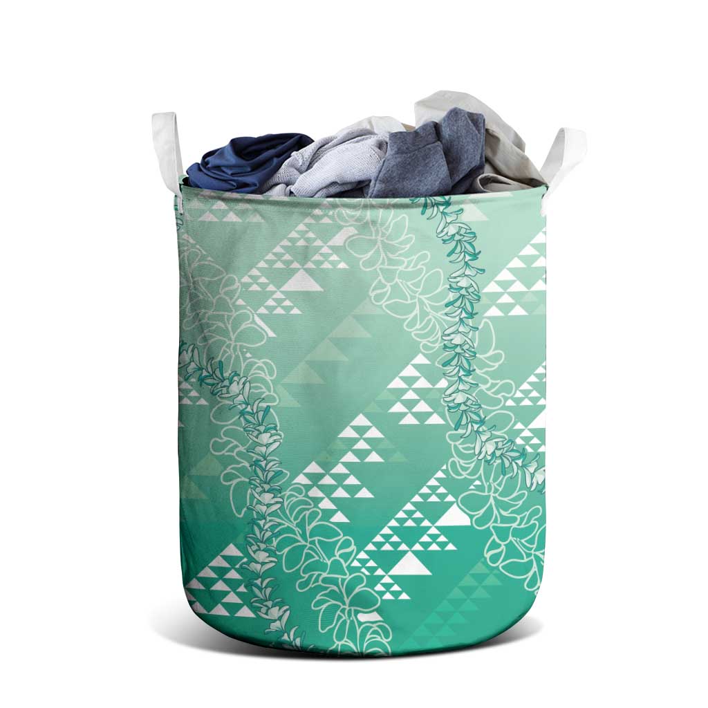 Hawaii Jade Green Kapa Laundry Basket Vintage 'Ohe Kāpala Motifs Mix Plumeria Leis
