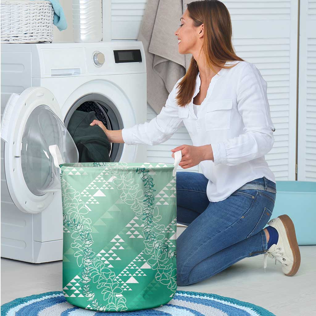 Hawaii Jade Green Kapa Laundry Basket Vintage 'Ohe Kāpala Motifs Mix Plumeria Leis