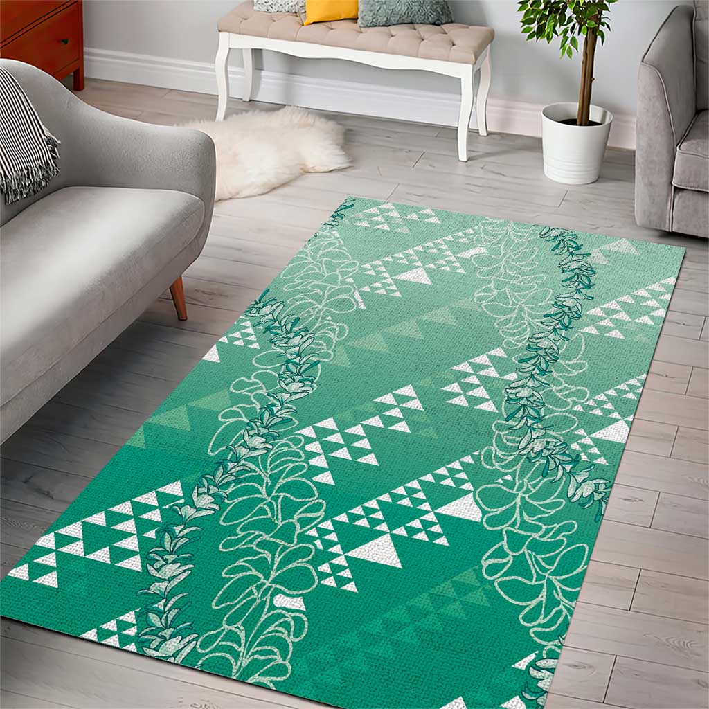 Hawaii Jade Green Kapa Area Rug Vintage 'Ohe Kāpala Motifs Mix Plumeria Leis LT7 - Polynesian Pride