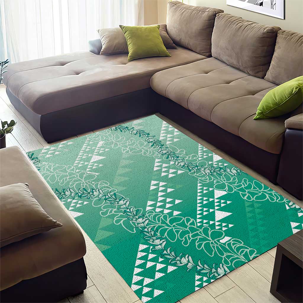 Hawaii Jade Green Kapa Area Rug Vintage 'Ohe Kāpala Motifs Mix Plumeria Leis LT7 - Polynesian Pride