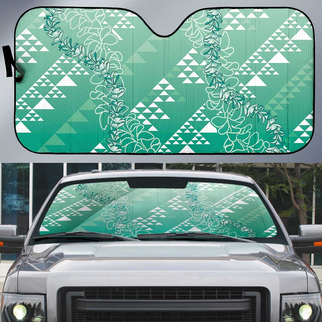 Hawaii Jade Green Kapa Auto Sun Shade Vintage 'Ohe Kāpala Motifs Mix Plumeria Leis