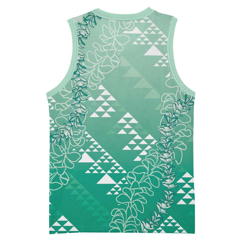 Hawaii Jade Green Kapa Basketball Jersey Vintage 'Ohe Kāpala Motifs Mix Plumeria Leis LT7 - Polynesian Pride