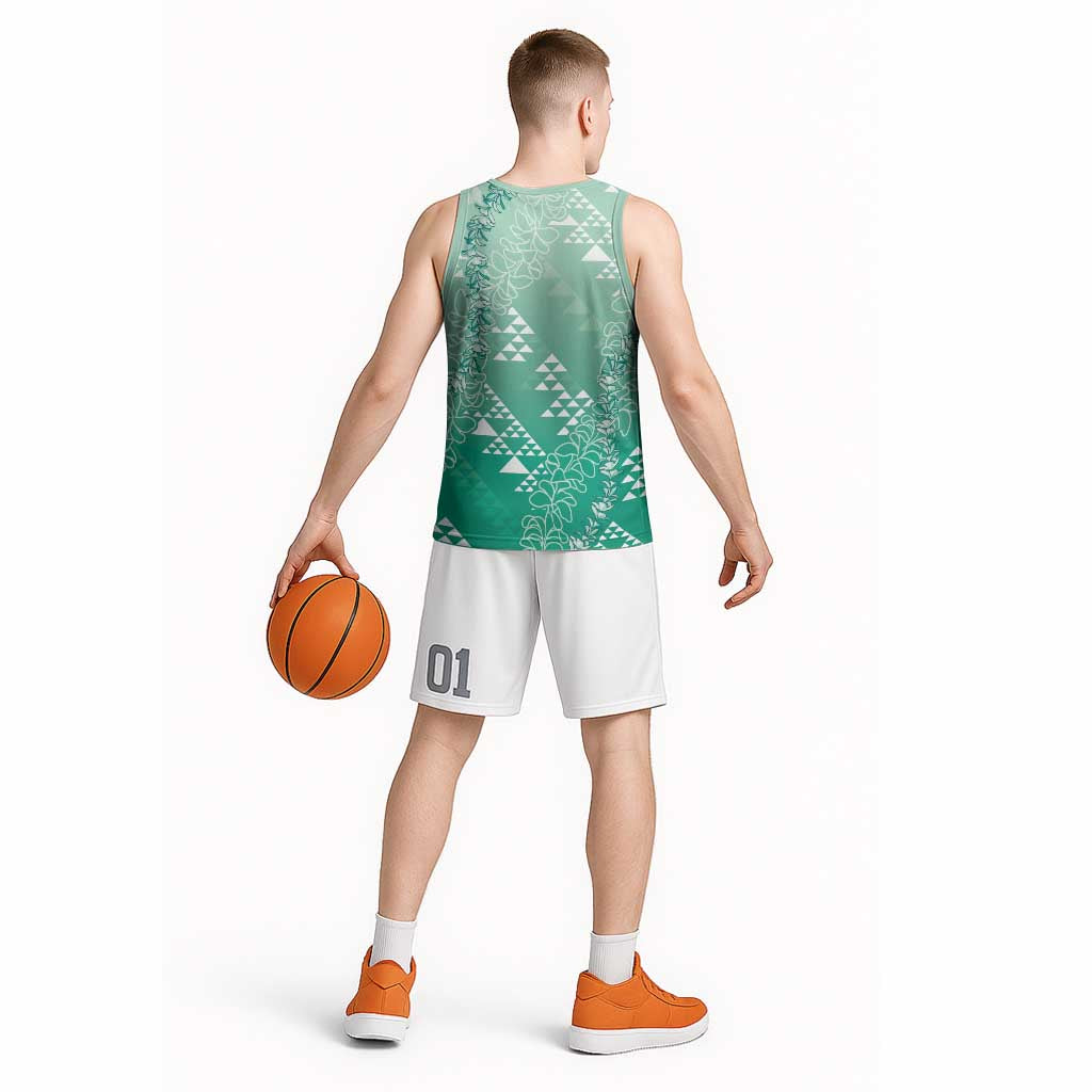 Hawaii Jade Green Kapa Basketball Jersey Vintage 'Ohe Kāpala Motifs Mix Plumeria Leis LT7 - Polynesian Pride