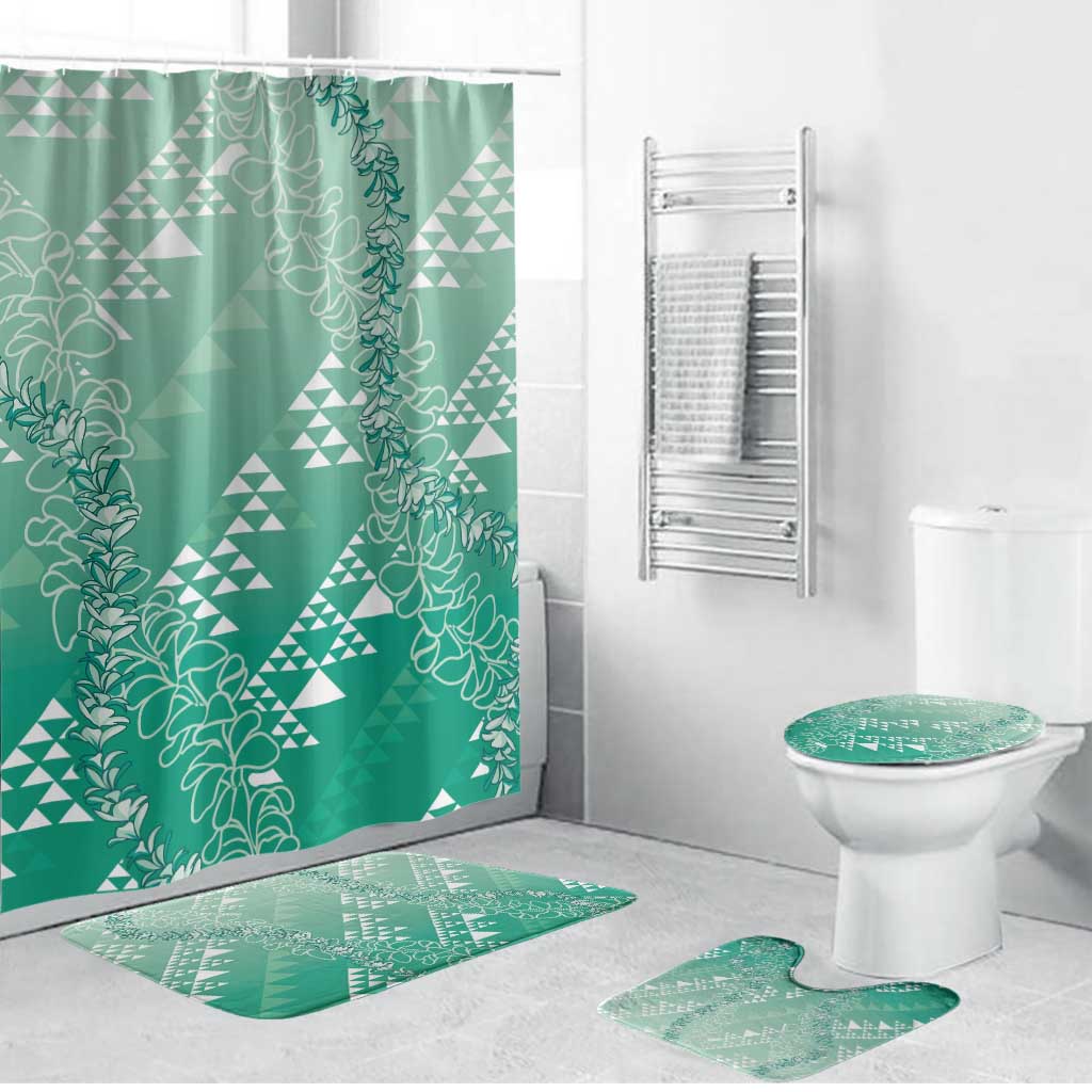 Hawaii Jade Green Kapa Bathroom Set Vintage 'Ohe Kāpala Motifs Mix Plumeria Leis