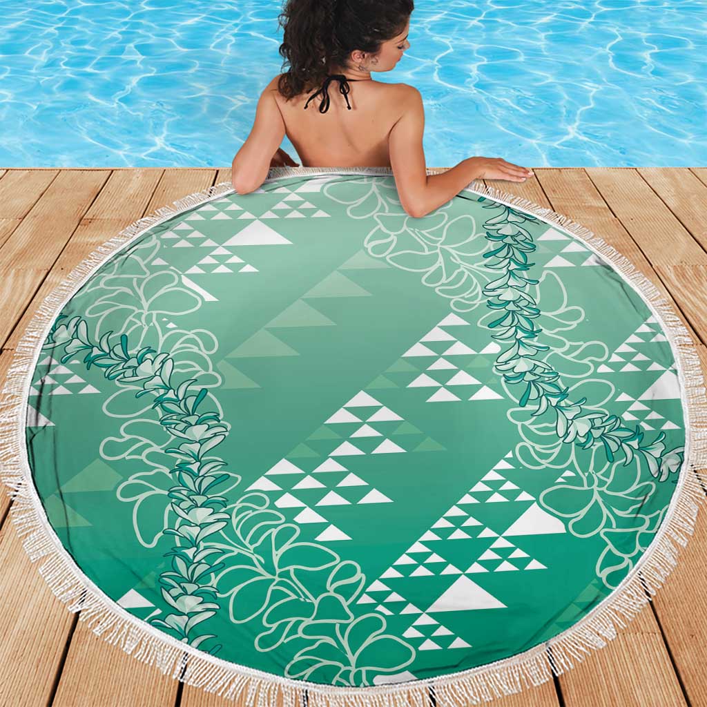 Hawaii Jade Green Kapa Beach Blanket Vintage 'Ohe Kāpala Motifs Mix Plumeria Leis